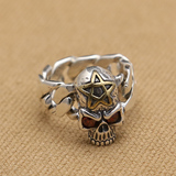 S925纯银戒指带钻GU镶铜款五角星骷髅头锁链指环创意男士朋克戒指