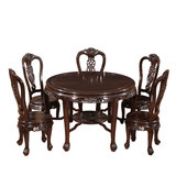 鸿伟红木家具红檀木黑檀木圆桌实木饭桌欧式圆形一桌五椅组合餐桌