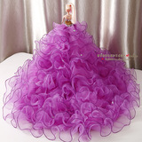 紫色婚纱芭比娃娃新娘高档礼品手工镶钻大拖尾婚庆装饰可儿公主