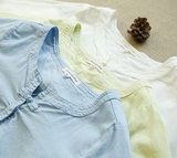 夏装新款中式文艺复古盘扣小v领宽松棉麻短袖纯色衬衫上衣女 外贸