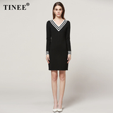 Tinee 2016春装新款小黑裙 学院风V领连衣裙 春秋长袖条纹打底裙