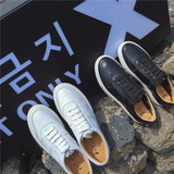 韩国街头风真皮白球鞋潮圆头系带纯色平底休闲鞋女式懒人单鞋XA01