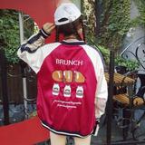 2016韩国ulzzang原宿女装刺绣拼色绸缎面棒球衫夹克情侣外套