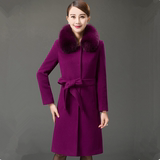 2015冬羊绒大衣正品狐狸毛领韩版修身女中年中长款腰带羊毛呢外套