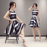 夏装女装2016新款潮流韩版个性条纹显瘦无袖打底中长款连衣裙长裙