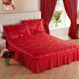 韩式公主加厚夹棉床裙单件加棉蕾丝床罩床垫防滑保护套婚庆大红