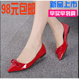 韩国夏季新品蝴蝶结婚鞋红色浅口单鞋女平跟平底漆皮真皮女式皮鞋