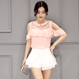 2016夏季时尚女装韩版小香风短袖露肩雪纺上衣休闲短裤裙两件套装