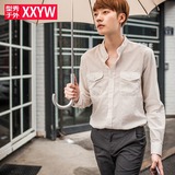 韩国东大门代购男装夏季日系复古立领潮男士薄款纯棉长袖衬衫衬衣