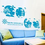 沙滩假日蓝色海洋地中海椰树建筑沙滩鲸鱼海豚房间装饰墙贴纸贴画