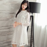 韩版新款秋季大码女装打底公主长裙子系带显瘦收腰长袖蕾丝连衣裙