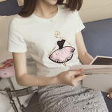 2016春装女装新款韩版修身时尚百搭印花圆领短袖女士T恤打底衫潮