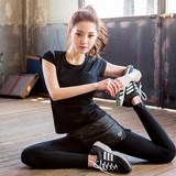 韩国跑步服健身房瑜伽九分裤修身春秋季运动衣套装女假两件运动裤
