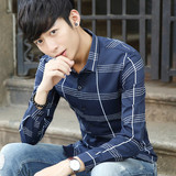 男士装中青年春秋季商务格子衬衣韩版修身型薄款长袖衬衫印花寸衫