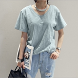 韩国16年新品夏季简约素色宽松上衣竹节棉短袖套头女士T恤打底衫
