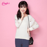 Candie's春夏新款纯色镂空长袖圆领甜美日系打底针织衫女30004236