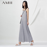 Amii2015夏季A型宽松显瘦吊带背心连衣裙长款条纹露肩百搭打底裙
