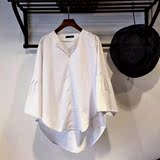 2016夏季新款韩版衬衫女黑白纯色喇叭袖中长款上衣开叉V领七分袖