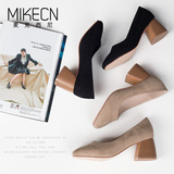 MIKECN 2016秋季新款方头高跟鞋粗跟复古裸色奶奶鞋单鞋磨砂女鞋