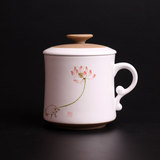景德镇陶瓷茶杯创意粗陶带盖过滤陶瓷杯子手绘佛手荷花礼品办公杯