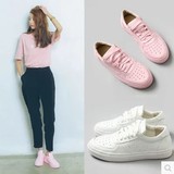 韩版新款女鞋软面PU皮多孔透气吸汗休闲单鞋平底跟白粉红色运动鞋