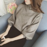 2016秋季新款韩版纯色半高领宽松蝙蝠衫套头灯笼袖显瘦针织毛衣女
