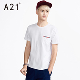 A21男装撞色圆领短袖T恤 学院青春纯色2016夏装条纹白色潮男士t恤