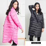 2015新款冬装女韩版时尚西装衬衫领中长款羽绒服90绒纯色外套潮