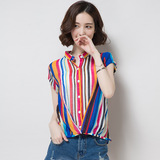 韩版女装时尚百搭短袖雪纺衫夏季修身显瘦上衣性感条纹t恤打底衫