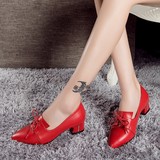 欧洲站韩版单鞋真皮中跟粗跟工作鞋时尚红色尖头系带女潮鞋包邮