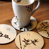 创意中国风 圆形立体镂空木质杯垫 餐垫 隔热垫 梅 兰 竹 菊