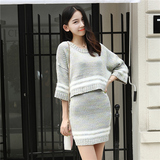 2016春新款韩国版毛衣套装两件套女包裙海马毛七分袖针织衫连衣裙