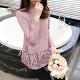 2016春季新款韩版中长款女士针织毛衣长袖蕾丝假两件套镂空针织衫
