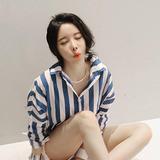 韩国Sumgirl2016秋季魅力百搭舒适全棉直筒中长款条纹长袖衬衫女