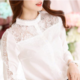 白色立领衬衫2016新款春秋季雪纺衫女韩版职业衬衣蕾丝长袖打底衫