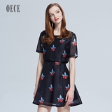 Oece2016夏装新款女装 复古印花连衣裙时尚高腰修身假两件LS519