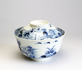 日本茶道具古美术青花手绘楼阁山水花纹泡茶薄胎大茶碗盖茶碗茶具