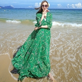 夏装沙滩裙度假V领拖地长裙雪纺印花大摆显瘦波西米亚中袖连衣裙