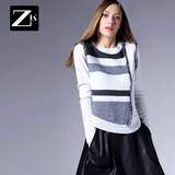 ZK2016春季新品撞色拼接不规则图案修身显瘦外穿百搭套头毛衣女装