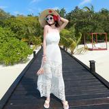 夏仙女神韩版白色蕾丝拼接连衣裙修身显瘦抹胸海边度假沙滩裙长裙