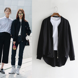 2015秋装新款韩版简约纯黑色宽松显瘦大码外套夹克女装长袖上衣女