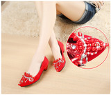 粗跟婚鞋红色平底韩版性感浅口结婚红鞋新娘鞋中跟孕妇女单鞋