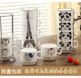 家居创意时尚超萌熊猫铁塔四件套马克杯 带铁架陶瓷叠叠杯子 包邮