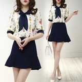 2016新款女装春夏季两件套雪纺印花短裙套装女韩版修身鱼尾连衣裙