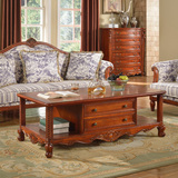 美式家具 实木雕花茶几 带抽屉 仿古做旧茶桌 咖啡桌 多功能茶台
