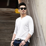 韩国代购正品男装 潮韩版男士修身夏季休闲白色V领七分袖T恤