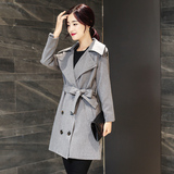 2016秋季新品韩版亚麻风衣女中长款系带外套收腰显瘦气质款
