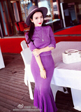 allien韩国代购紫色春款性感修身亮丝针织衫上衣鱼尾中长半裙套装