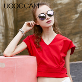 UGOCCAM2016夏季新款女装纯色气质V领超短款百搭时尚大红色上衣