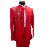 新款亮片中山装大合唱服装演出服男套装红色立领主持人礼服表演服